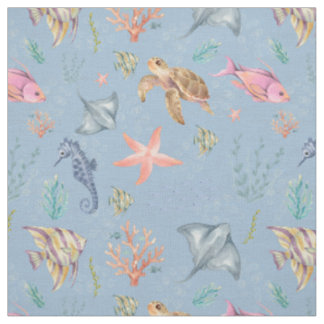 Tissu Vie océanique à l'aquarelle Texturé bleu clair