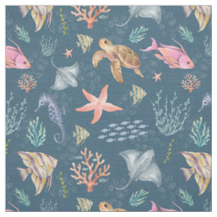 Tissu Vie océanique à l'aquarelle Texturé Bleu foncé