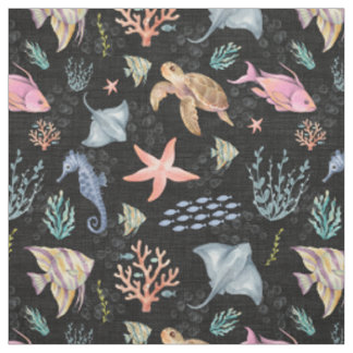 Tissu Vie océanique à l'aquarelle Texturé Noir