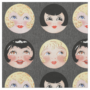 Tissu Visages de poupées vintage sur fond de denim noir 
