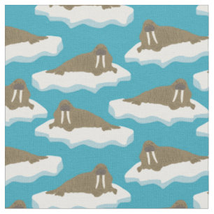 Tissu Walruses sur Icebergs Motif Turquoise Bleu