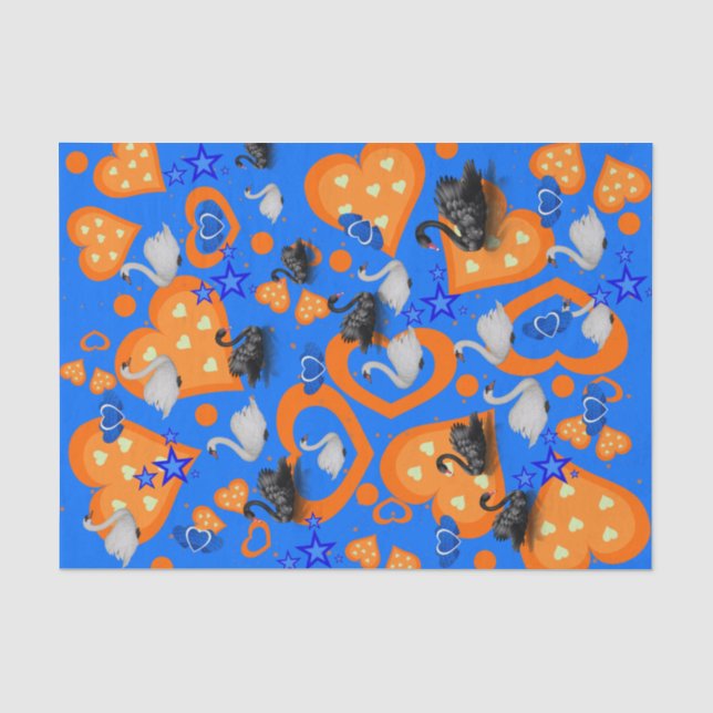 Tissue Paper Orange Hearts Swans Blue Seidenpapier (Vorderseite)