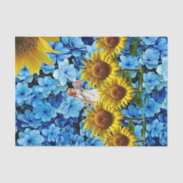 Tissue Sunflower Blue Black Floral Seidenpapier (Vorderseite)