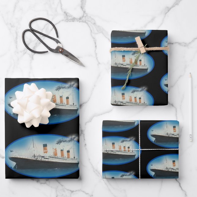 Titanic Birthday Schwarz-weiß Star Line Ship Geschenkpapier Set (Vorderseite)