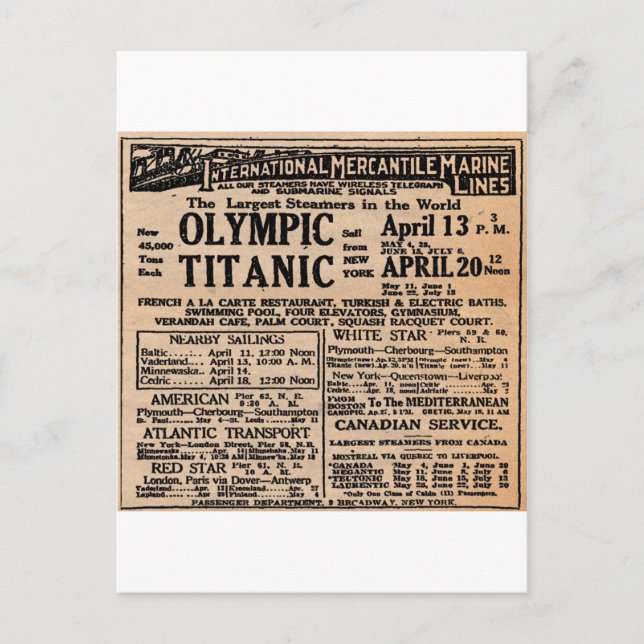 Titanic Newspaper Ad Postkarte (Vorderseite)