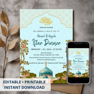 Titel Blau Floraler Bogen Moschee Wasserfarbe Ifta Einladung