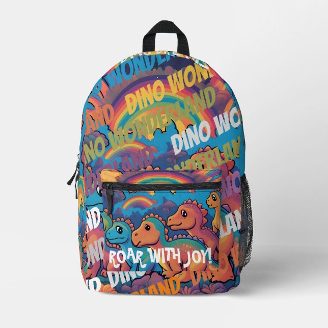 Titel: Farbenfrohe Dinosaurier-Regenbogen Bedruckter Rucksack (Vorderseite)