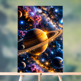 Titel Galaktische Odyssee Saturn und Weltraumbild Acrylschild