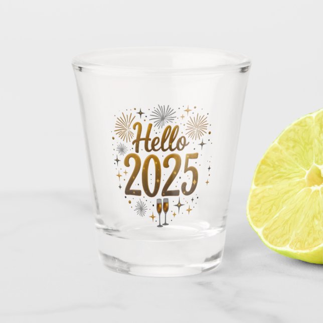 Titel: "Hello 2025" New Year Shot Brillen Schnapsglas (Vorderseite)