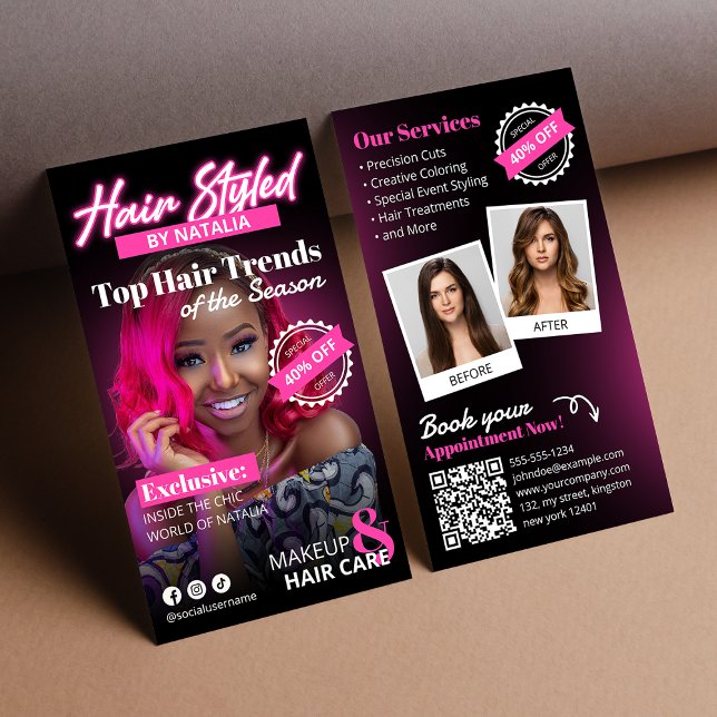 Titelseite des Pink & Black Hair Salon Magazine Visitenkarte (Von Creator hochgeladen)