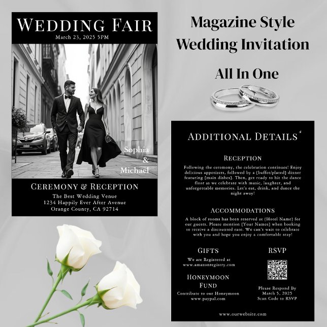 Titelseite des Schwarz-Weiß-Hochzeitmagazins Einladung (Black and White Wedding Magazine Cover  Invitation All in One)
