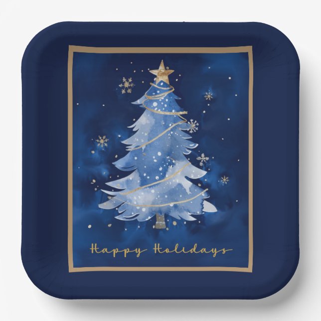 Title: Happy Holidays Elegant Navy Gold Christmas  Pappteller (Vorderseite)