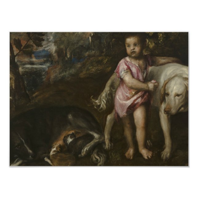 Tizian - Junge mit Hunden in einer Landschaft Fotodruck (Vorne)