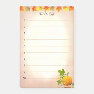 To-Do-Liste, Herbstblätter und Kürbis auf Schriftr Post-it Klebezettel