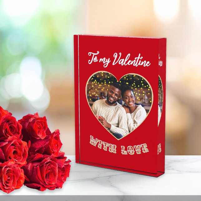 To My Valentine Red Heart Custom Fotoblock (A freestanding photo block in red, with custom photo in a heart 'frame' and Valentine's Day words)