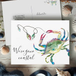To The Beach New Home Moving Announcement Postkarte<br><div class="desc">A modern moving announcement postcard that let friends and family know about your new home sweet home for the holidays! This simple design features my original watercolor crab with Christmas lights in shades of turquoise, blue, red and greens. The words, Gone Coastal is set in a modern hand lettered script...</div>