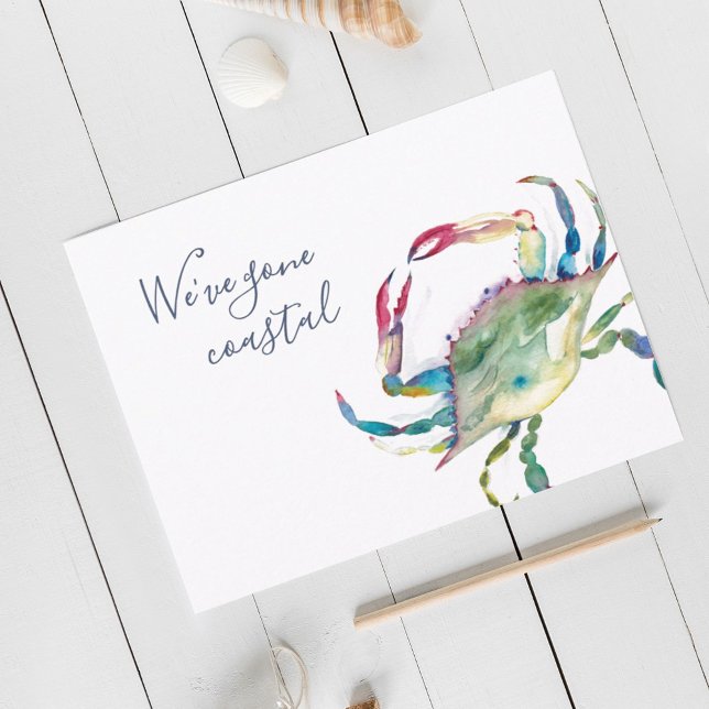 To The Beach Postkarte (Moving announcement card designed using blue crab watercolor art by Victoria Grigaliunas )