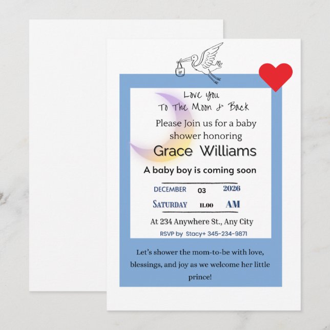 To the Moon and Back Baby Boy Shower Invitation |  (Devant / Derrière)