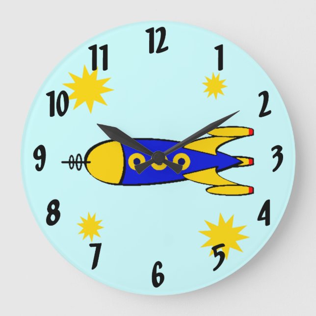 To the Moon Retro Spaceship Wall Clock Große Wanduhr (Vorderseite)