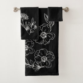 Toallas negras con flores blancas personalizables badhandtuch set