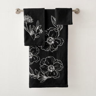 Toallas negras con flores blancas personalizables badhandtuch set