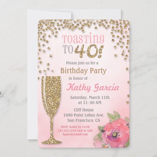 Toast à 40 Anniversaire Champagne Invitation (Devant)