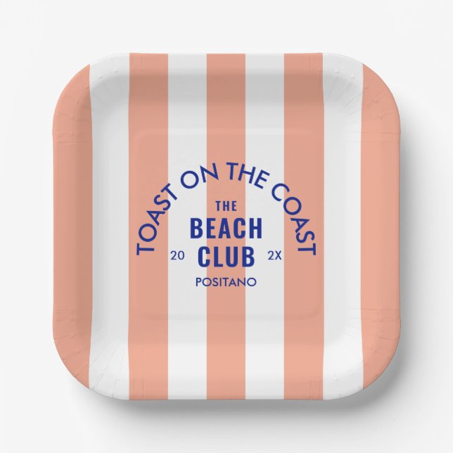 Toast an der Küste Der Beach Club rosa Streifen Pappteller (Vorderseite)