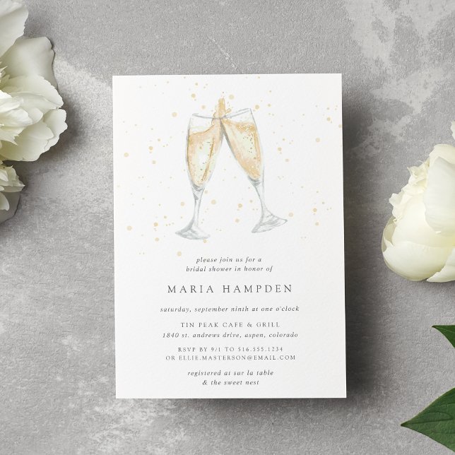 Toast Champagne | Invitation de douche nuptiale (Champagne themed bridal shower invitation printed on matte white paper)