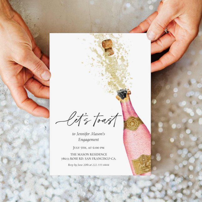 Toast Pink Champagne Flasche Brautparty Einladung (Elegant Let's Toast Engagement Party Invitation)