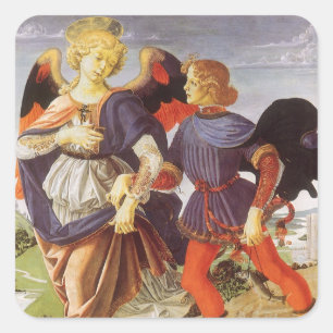 Tobias und der Engel von Andrea del Verrocchio Quadratischer Aufkleber