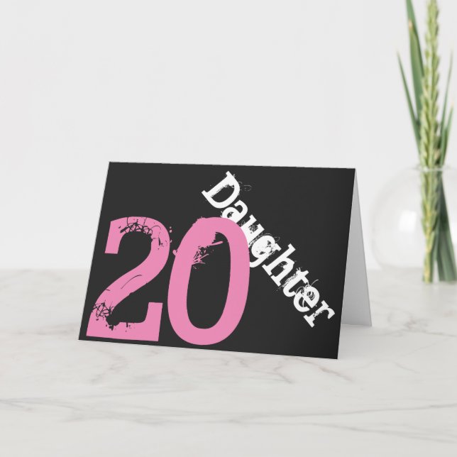 Tochter, 20. Geburtstag, weiß, rosa auf schwarz. Karte (Vorderseite)