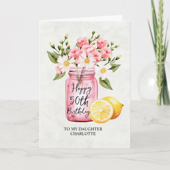 Tochter 50. Geburtstag Jar Pink Blume Gruß Karte (Vorderseite)