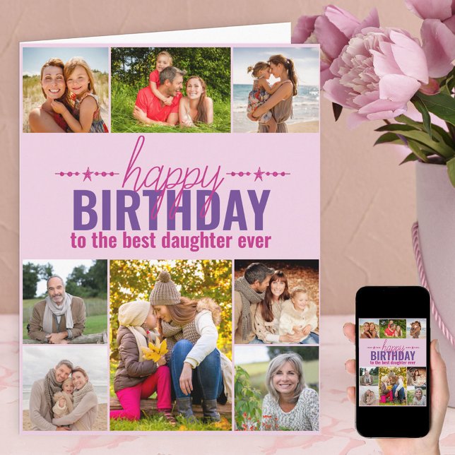 Tochter Birthday Foto Collage Personalisiert Pink Karte (Von Creator hochgeladen)