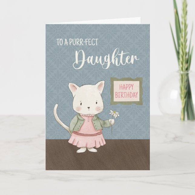 Tochter Birthday Kitty in einer Dress Holding-Blum Karte (Vorderseite)