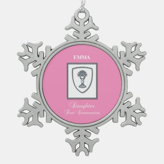 Tochter, Erste Kommune Silver Chalice Schneeflocken Zinn-Ornament (Vorderseite)