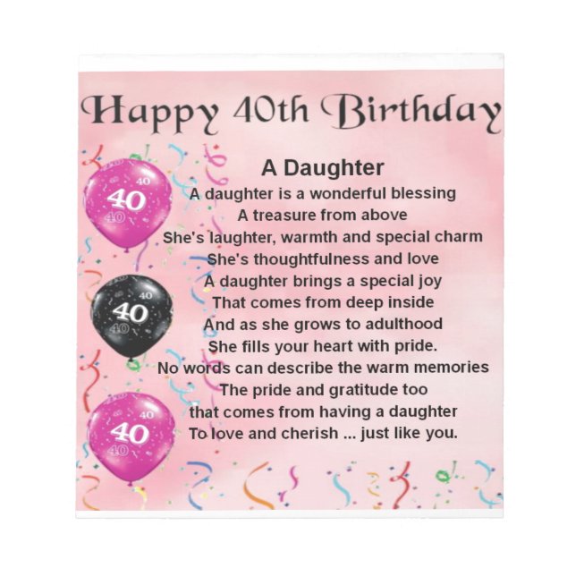 Töchter Gedicht 40. Geburtstag Notizblock (Vorderseite)