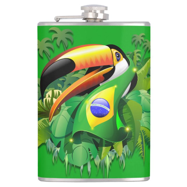 Toco Toucan mit brasilianischer Flagge Flachmann (Vorderseite)