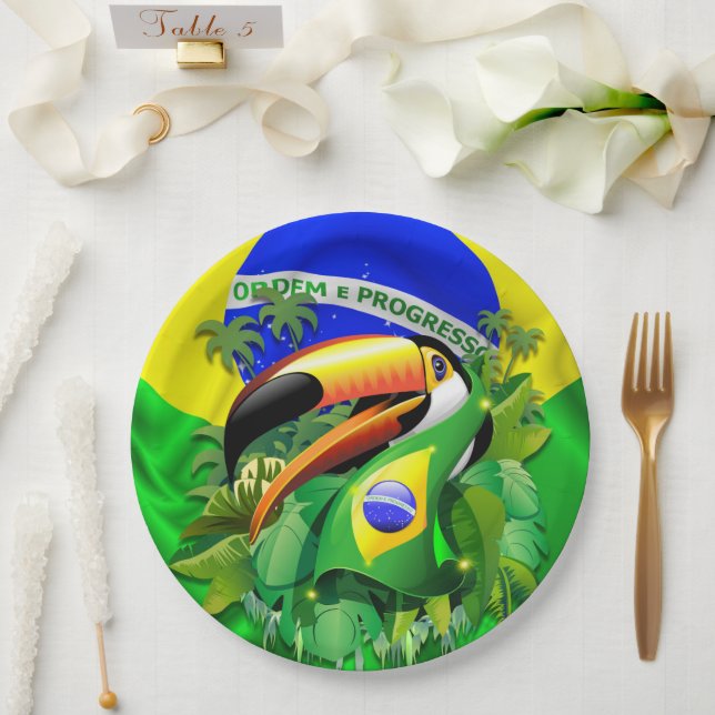 Toco Toucan mit brasilianischer Flagge Pappteller (Hochzeit)