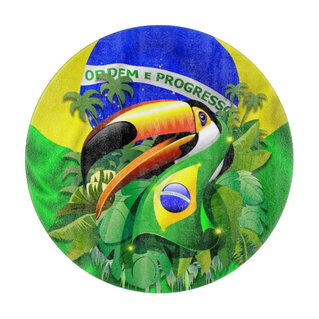Toco Toucan mit brasilianischer Flagge Schneidebrett (Vorderseite)