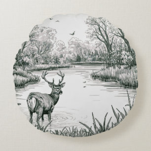 TOCOCLAWS Natur-Serie - Friedlicher Hirschsee Illu Rundes Kissen