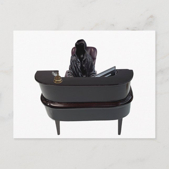 Tod an einem Service-Empfang-Schreibtisch mit Comp Postkarte (Vorderseite)