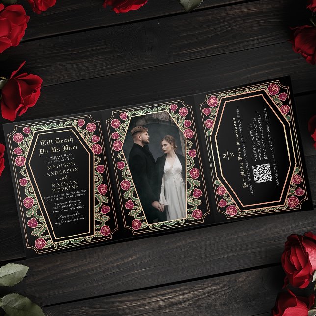 Tod tun wir Teil Rose Black Gothic Wedding QR Code Dreifach Gefaltete Einladung (Von Creator hochgeladen)