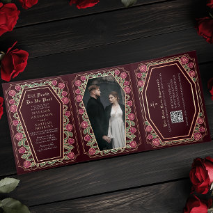 Tod tun wir Teil Rose Red Gothic Wedding QR Code Dreifach Gefaltete Einladung
