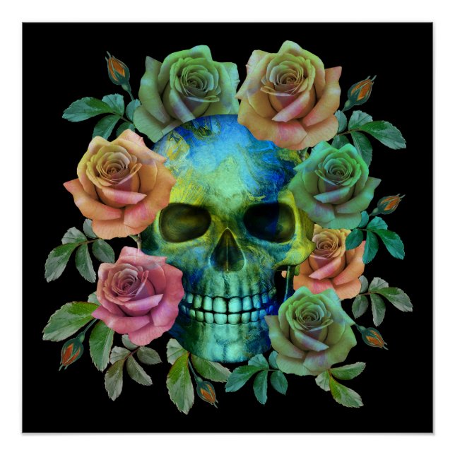 TODESGRÜNER TOTENKOPF MIT BLUMEN POSTER (Vorderseite)