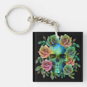 TODESGRÜNER TOTENKOPF MIT BLUMEN SCHLÜSSELANHÄNGER