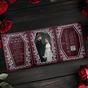 Todeshochzeit-Rot-Gotische-Hochzeit-QR-Code Dreifach Gefaltete Einladung