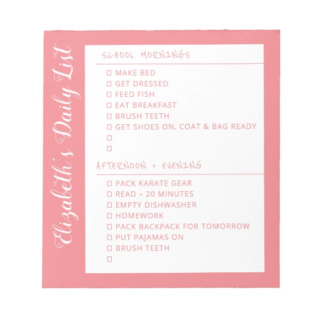 ToDo List Morning Abend Personalisiert rosa Notizblock (Vorderseite)