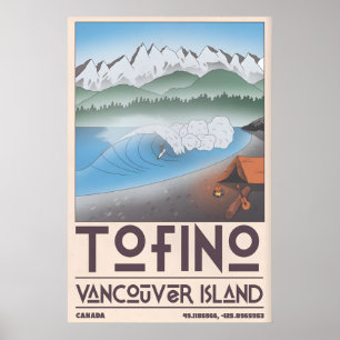 Tofino-Küstenkunst Surfer, Kiefernwald Poster