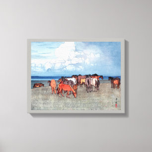 Toile 沼 崎 場, Chevaux, Hiroshi Yoshida, Bois