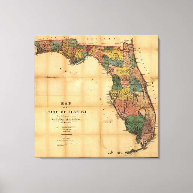 Toile 1856 Carte de l'État de Floride par Columbus Drew (Recto)
